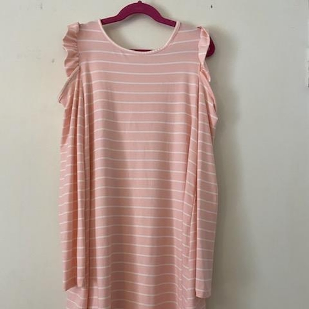 This is a pink and white striped t-shirt dress.